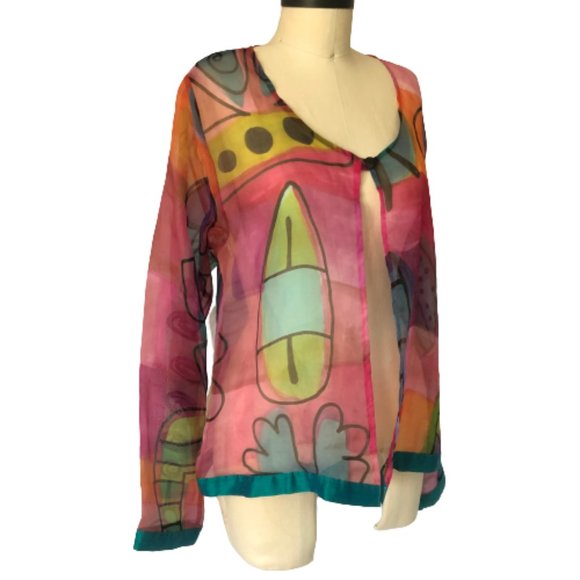 100% Silk Sheer Organza Hand Painted Colorful Top - Picture 7 of 15
